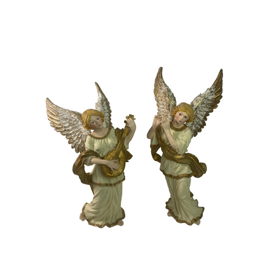 Angel Figurines Set Playing Instruments Cream and Gold Vintage Christmas Holiday