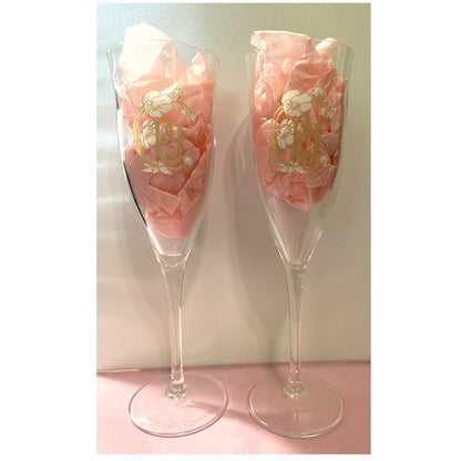 PERRIER JOUET 8" CHAMPAGNE FLUTES Set of 2 Signed Floral Anemones Monogram Glass