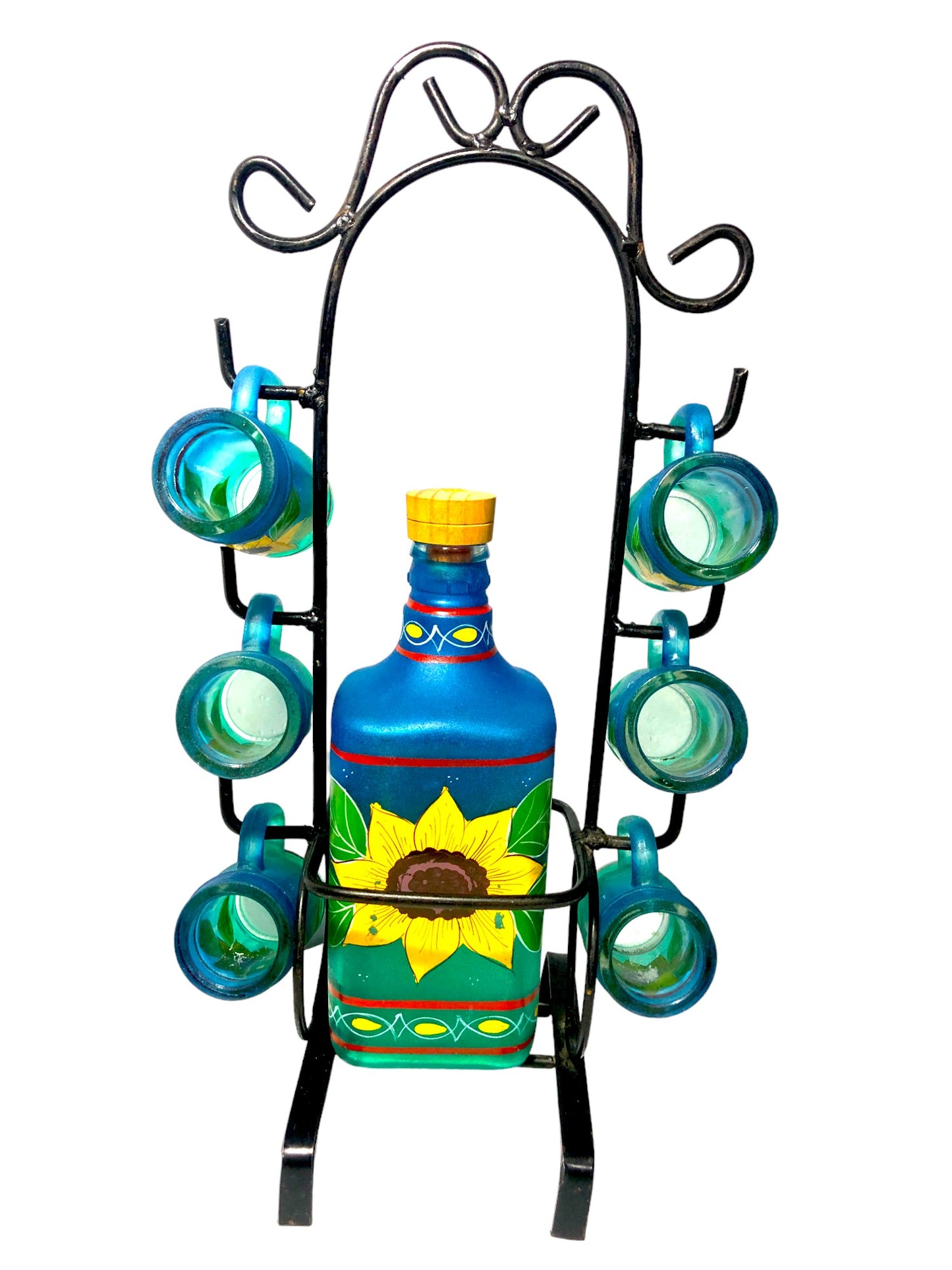 Sunflower Tequila Bottle and Six Shot Glasses Hand Painted Mexican Barware