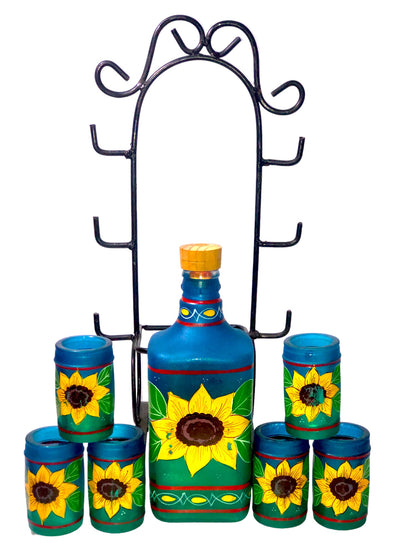 Sunflower Tequila Bottle and Six Shot Glasses Hand Painted Mexican Barware