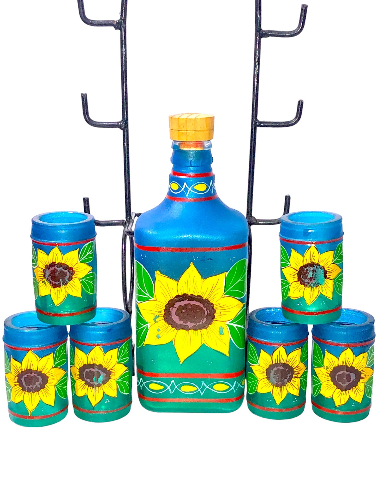 Sunflower Tequila Bottle and Six Shot Glasses Hand Painted Mexican Barware