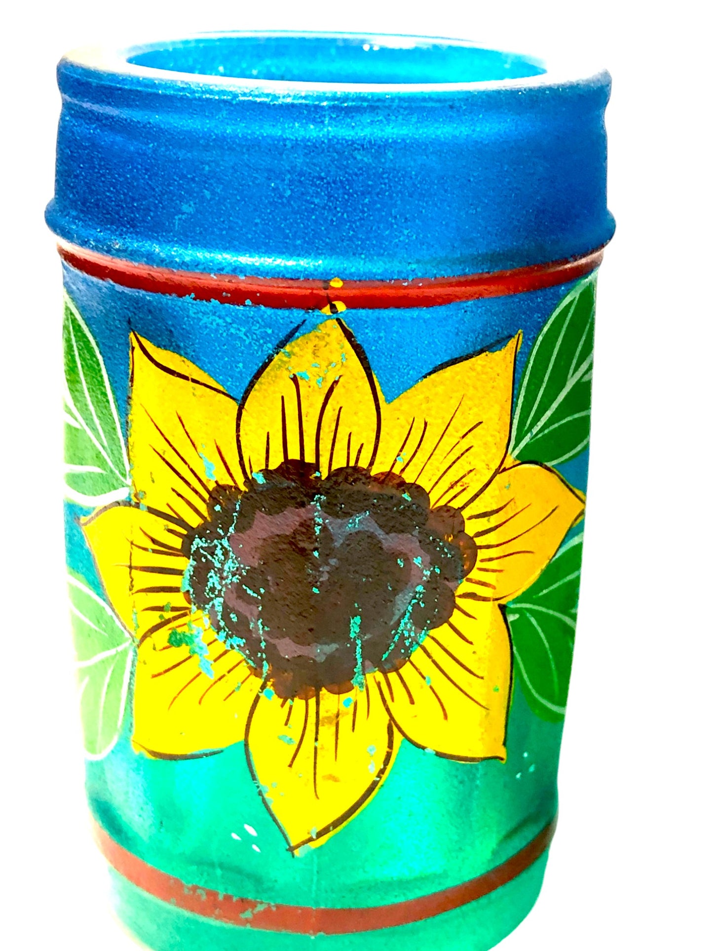 Sunflower Tequila Bottle and Six Shot Glasses Hand Painted Mexican Barware