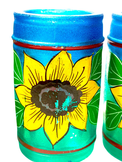 Sunflower Tequila Bottle and Six Shot Glasses Hand Painted Mexican Barware