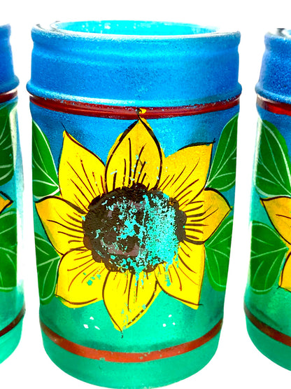 Sunflower Tequila Bottle and Six Shot Glasses Hand Painted Mexican Barware