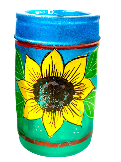 Sunflower Tequila Bottle and Six Shot Glasses Hand Painted Mexican Barware