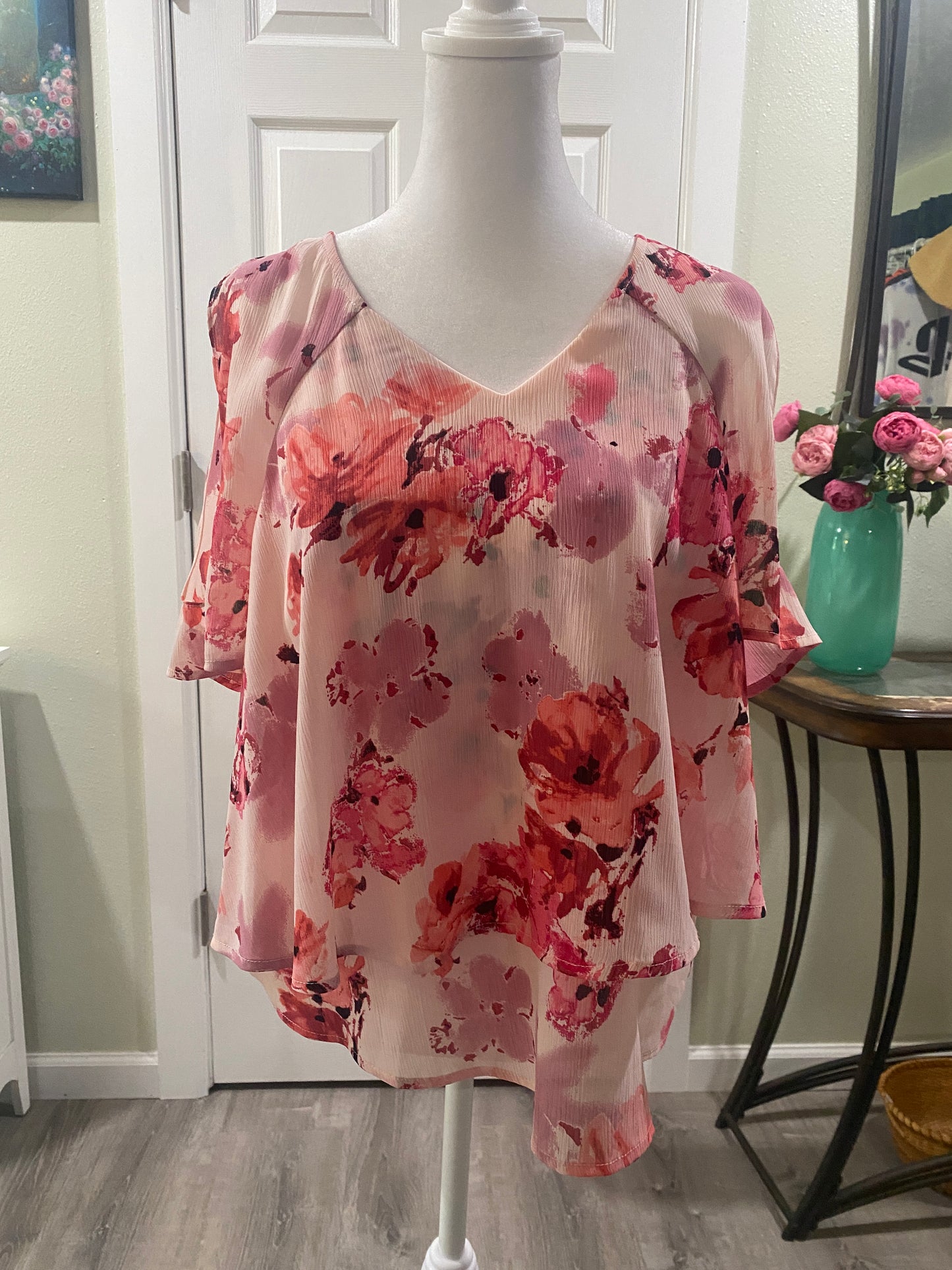 Juicy Couture Cold-Shoulder Layered Blouse Pink Floral Women's Size M