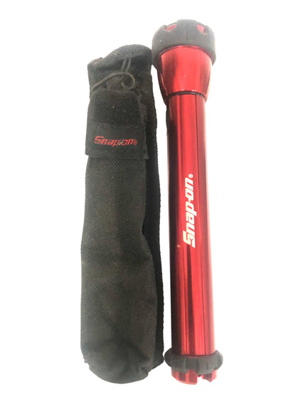 Snap On Flashlight Red Anodized Aluminum With Carrying Pouch 2-AA Batteries