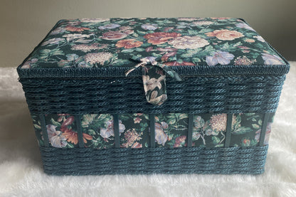 Vintage Sewing Basket Green Wicker Floral Tapestry w/inside Tray Handle