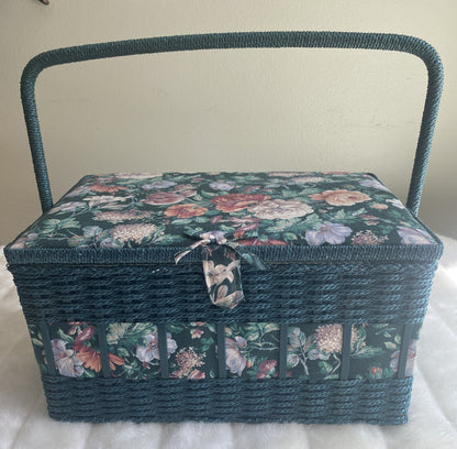 Vintage Sewing Basket Green Wicker Floral Tapestry w/inside Tray Handle