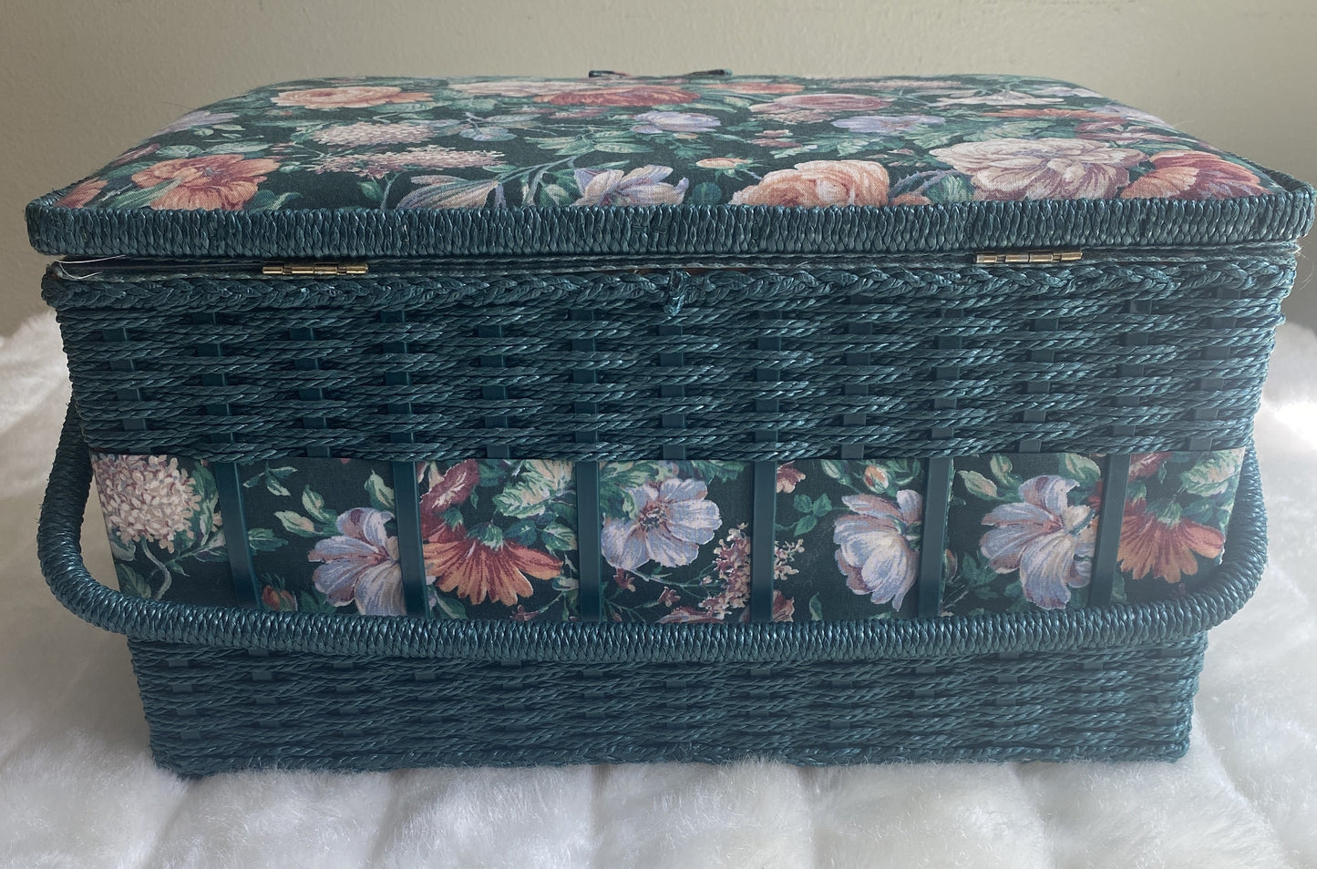 Vintage Sewing Basket Green Wicker Floral Tapestry w/inside Tray Handle