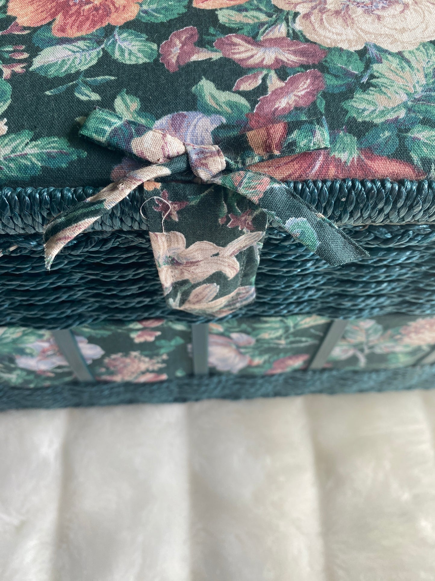 Vintage Sewing Basket Green Wicker Floral Tapestry w/inside Tray Handle