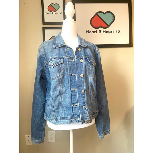 Maurices Women's Denim Jacket Blue Long Sleeve Button Up Collared Pockets Size L