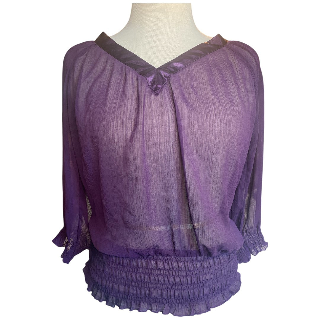 Guess Sheer Purple Blouse Long Sleeve V Neck Front and Back Size Women's Large