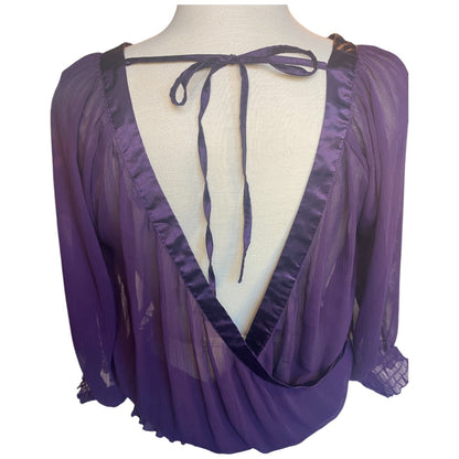 Guess Sheer Purple Blouse Long Sleeve V Neck Front and Back Size Women's Large