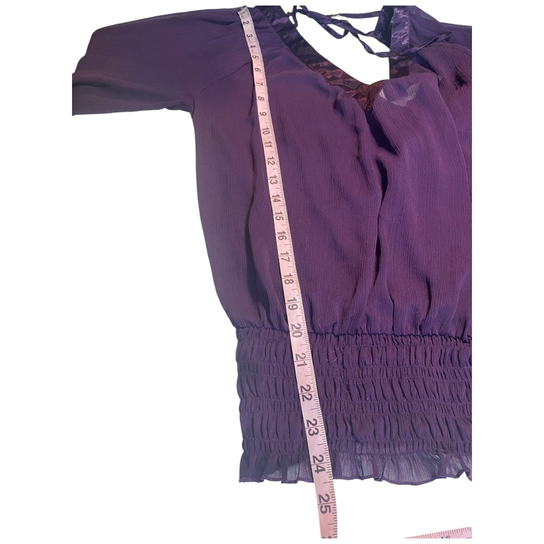 Guess Sheer Purple Blouse Long Sleeve V Neck Front and Back Size Women's Large