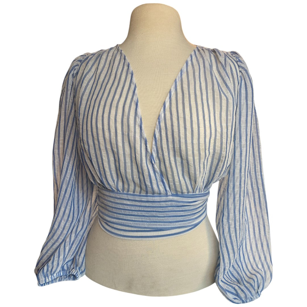 Banana Republic Wrap Top V-Neck Blue & White Long Sleeve Women's Petite XXS NEW