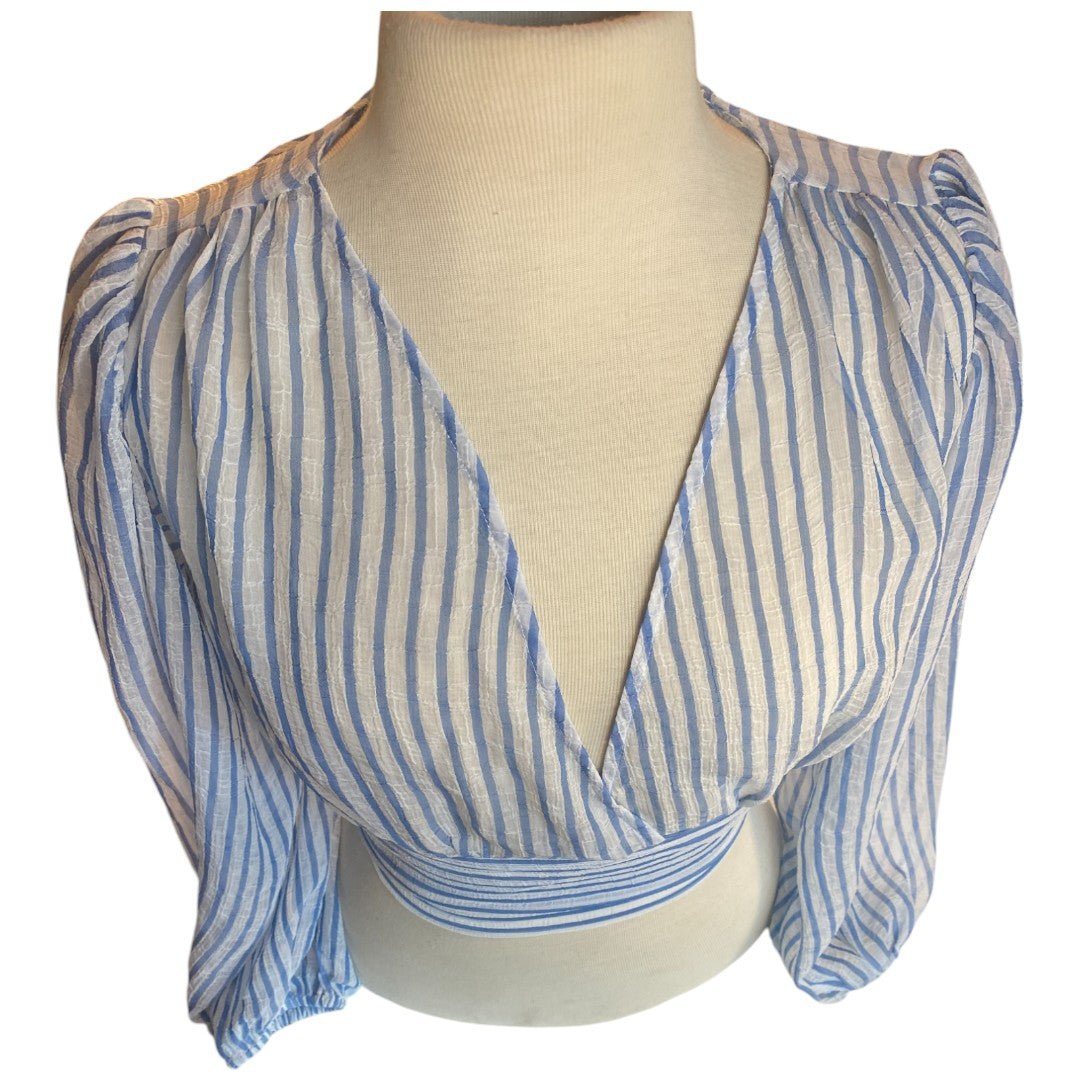 Banana Republic Wrap Top V-Neck Blue & White Long Sleeve Women's Petite XXS NEW