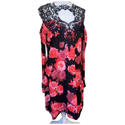 Venus Black & Red Roses Cold Shoulder Bell Sleeve Dress Women's Size Large