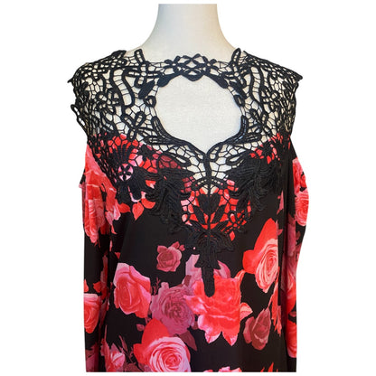 Venus Black & Red Roses Cold Shoulder Bell Sleeve Dress Women's Size Large