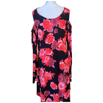 Venus Black & Red Roses Cold Shoulder Bell Sleeve Dress Women's Size Large