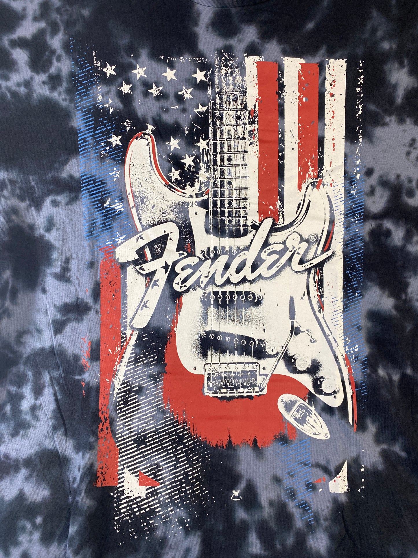 Men's T-Shirt Fender Guitar Red, White & Blue US ROCK Navy Cloud Wash Size XXL