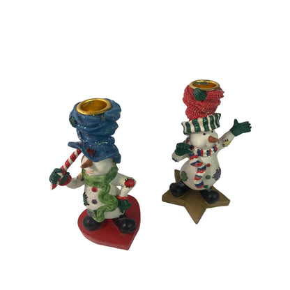 Snowman Candlestick Holders Set Wearing Scarfs Christmas Set Holiday Decoration