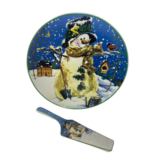 Snowman Christmas Winter Serving Set Dish Cake Plate and Server 12 in Vintage