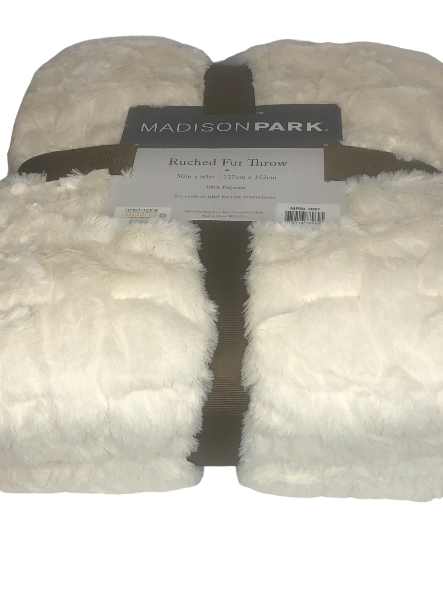 Madison Park White Ivory Throw Blanket Soft Blanket Ruched FAUX FUR 50 x 60 IVORY WHITE