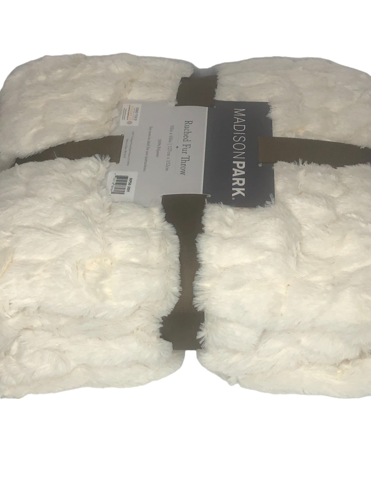 Madison Park White Ivory Throw Blanket Soft Blanket Ruched FAUX FUR 50 x 60 IVORY WHITE