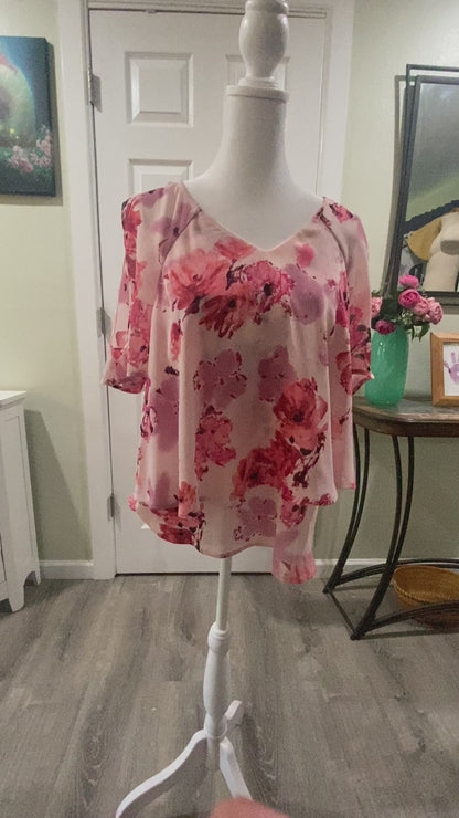 Juicy Couture Cold-Shoulder Layered Blouse Pink Floral Women's Size M